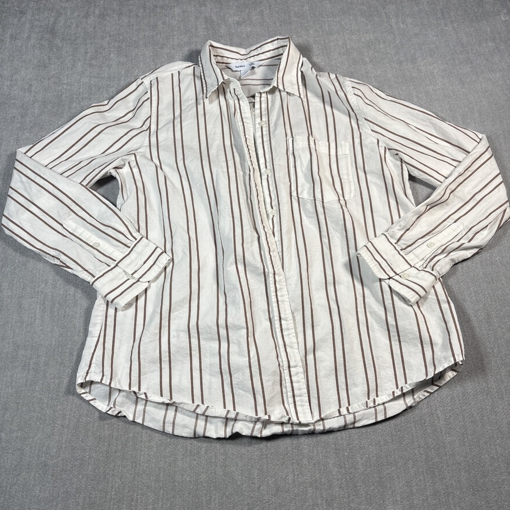 Old Navy Boys Long Sleeve Button Up Shirt White Brown Striped Size Medium